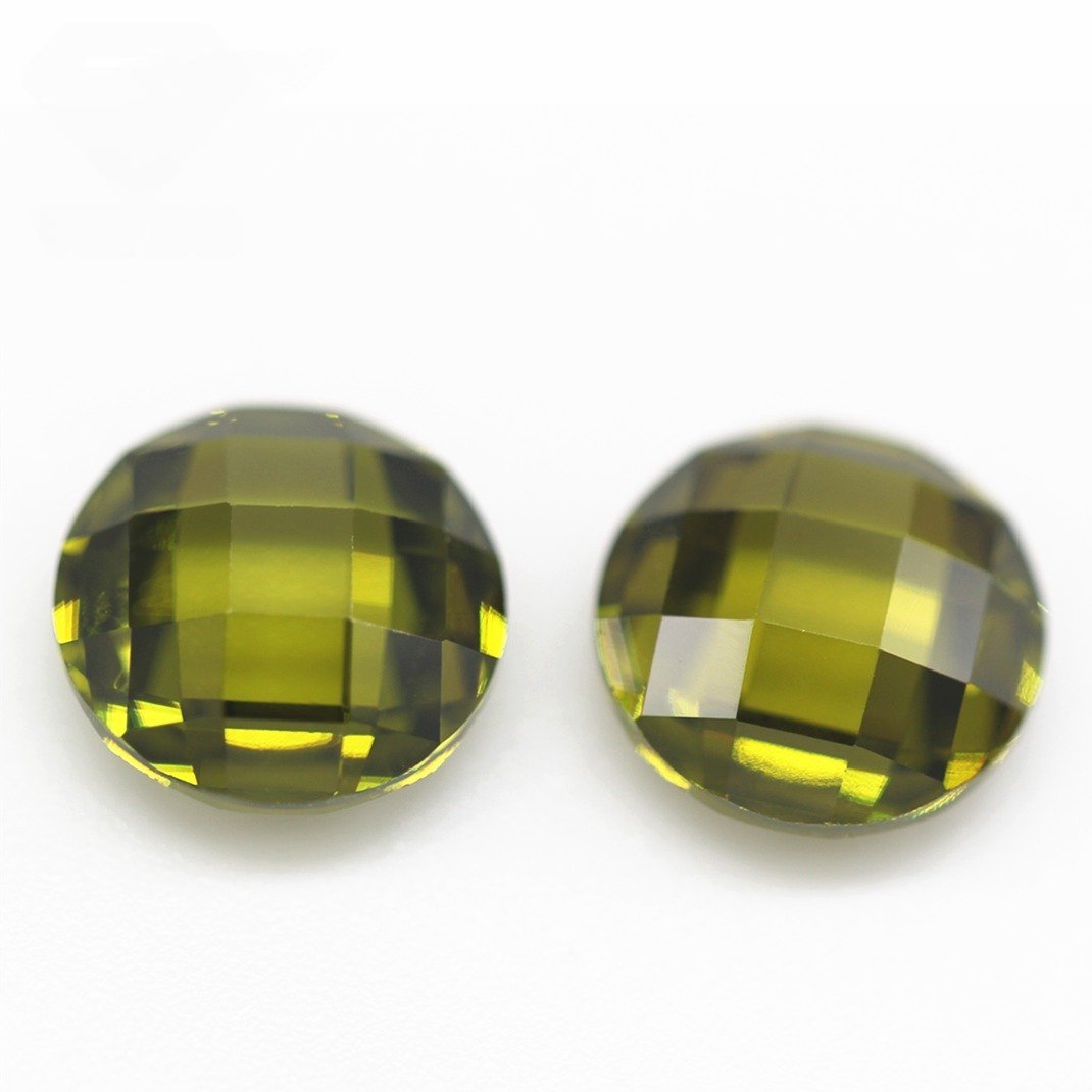 3mm 12mm round shape double checker board cut peridot/dark peridot cubic zirconia loose gems synthetic round grid cut cz stones