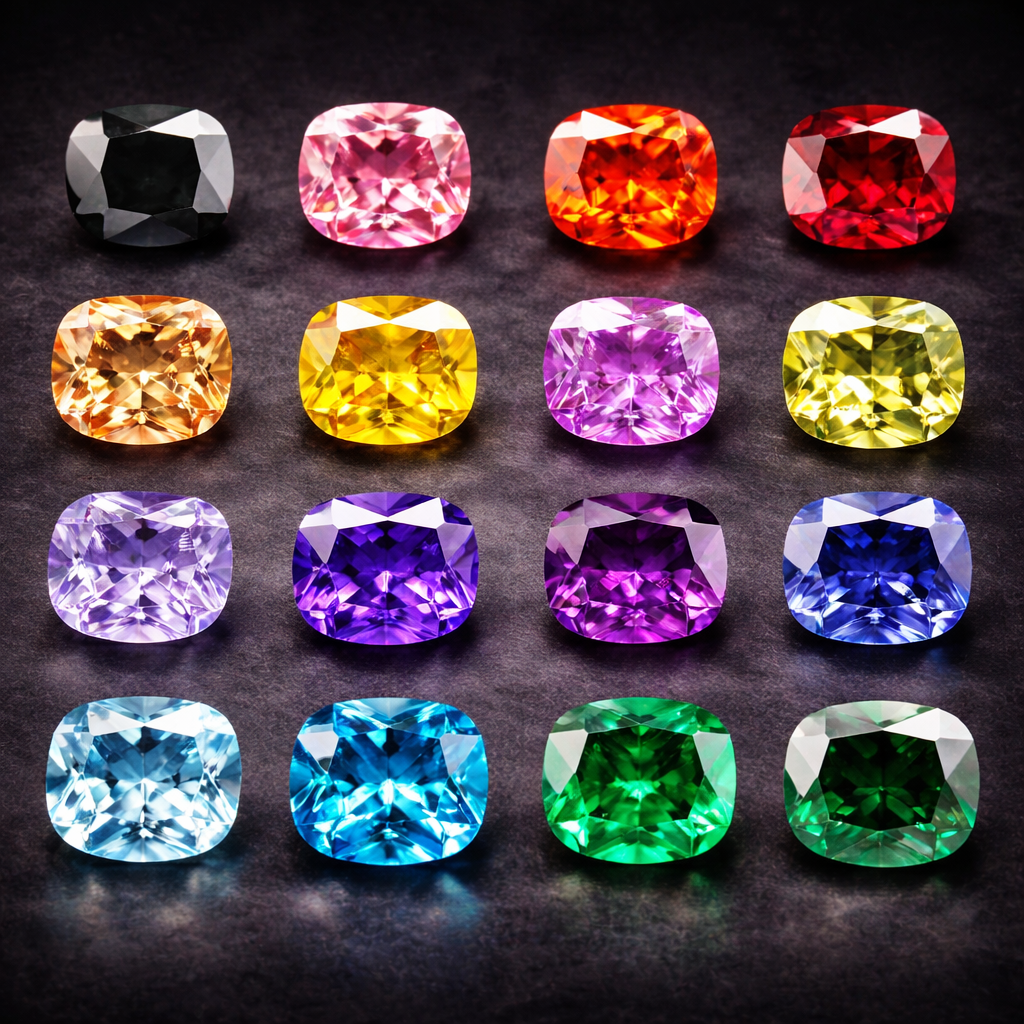 Colorful cushion-cut gemstones on display